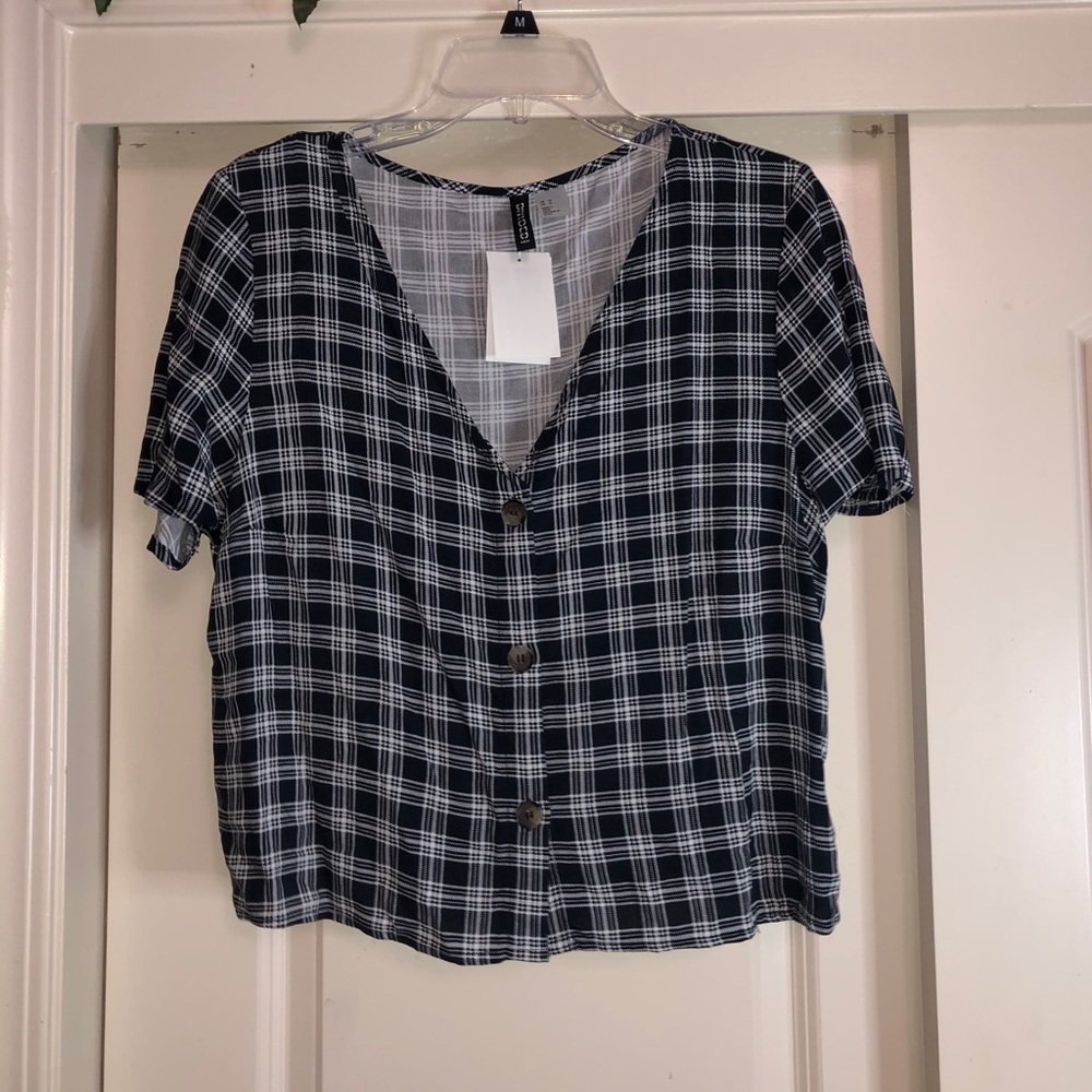 blue plaid button up